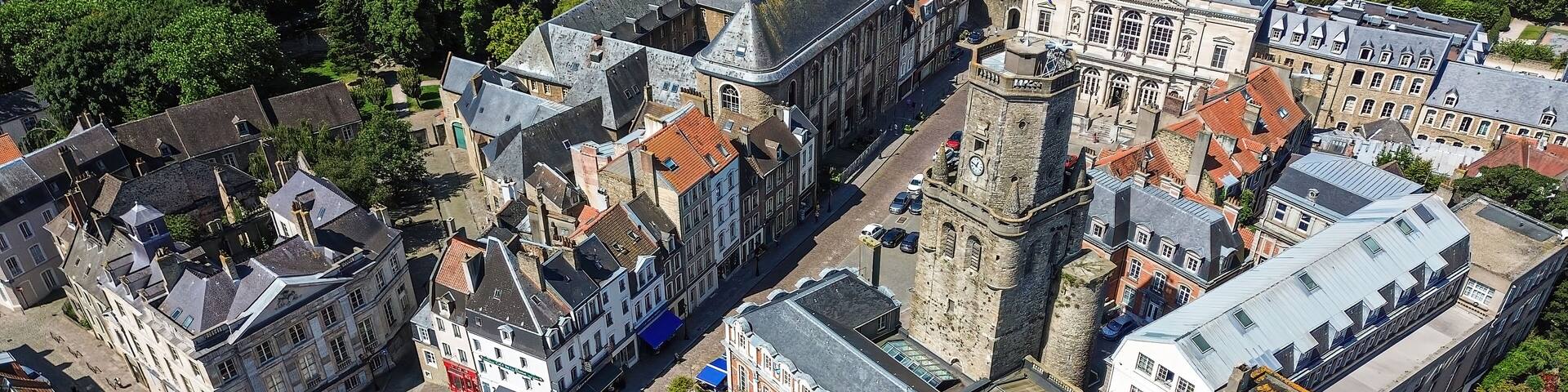 Aerial view of the Belfry of Boulogne-sur-Mer in the Pas-de-Calais département of Northern France - Medieval tower overlooking the Town Hall next to the Godefroy de Bouillon square