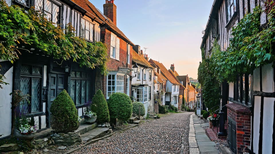 A cobblestone street lined with traditional timber-framed houses, some with ivy, and a clear sky.