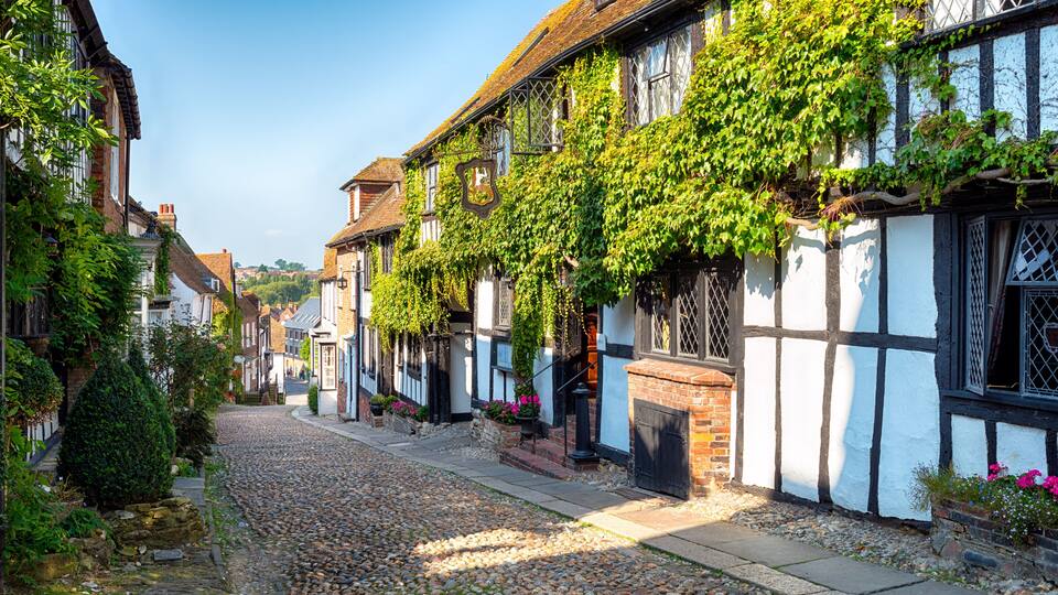 A cobblestone street lined with traditional half-timbered houses, some with ivy, and a clear blue sky.