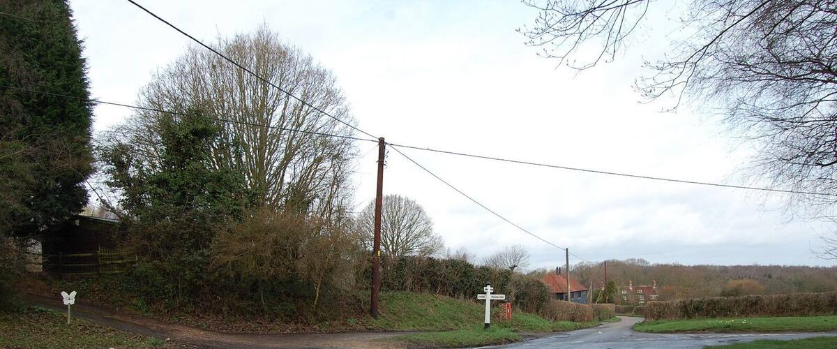 A rural road with a fork, surrounded by trees and a house in the background.