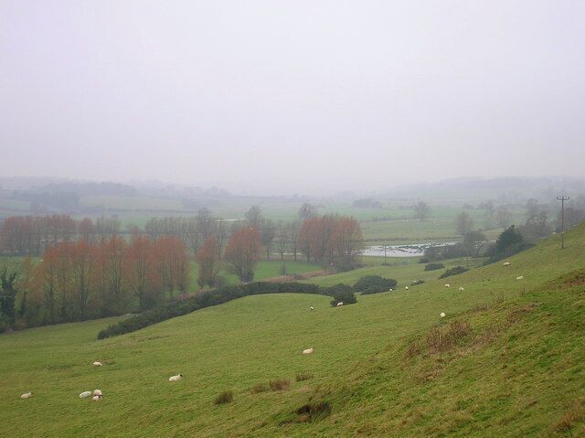 Waterlogged Fields from Leasam Hill Looking down the hill into the mist shrouded Tillingham valley.