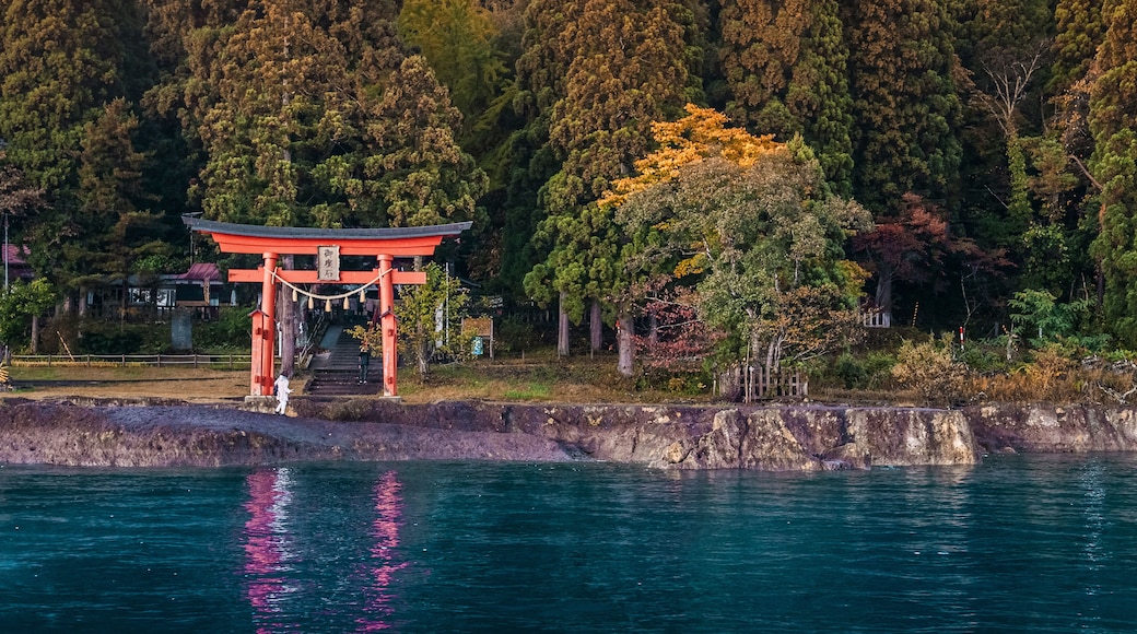 Un torii traditionnel japonais, dressé au bord d’une étendue d’eau paisible, entouré d’une forêt dense et d’un feuillage automnal.