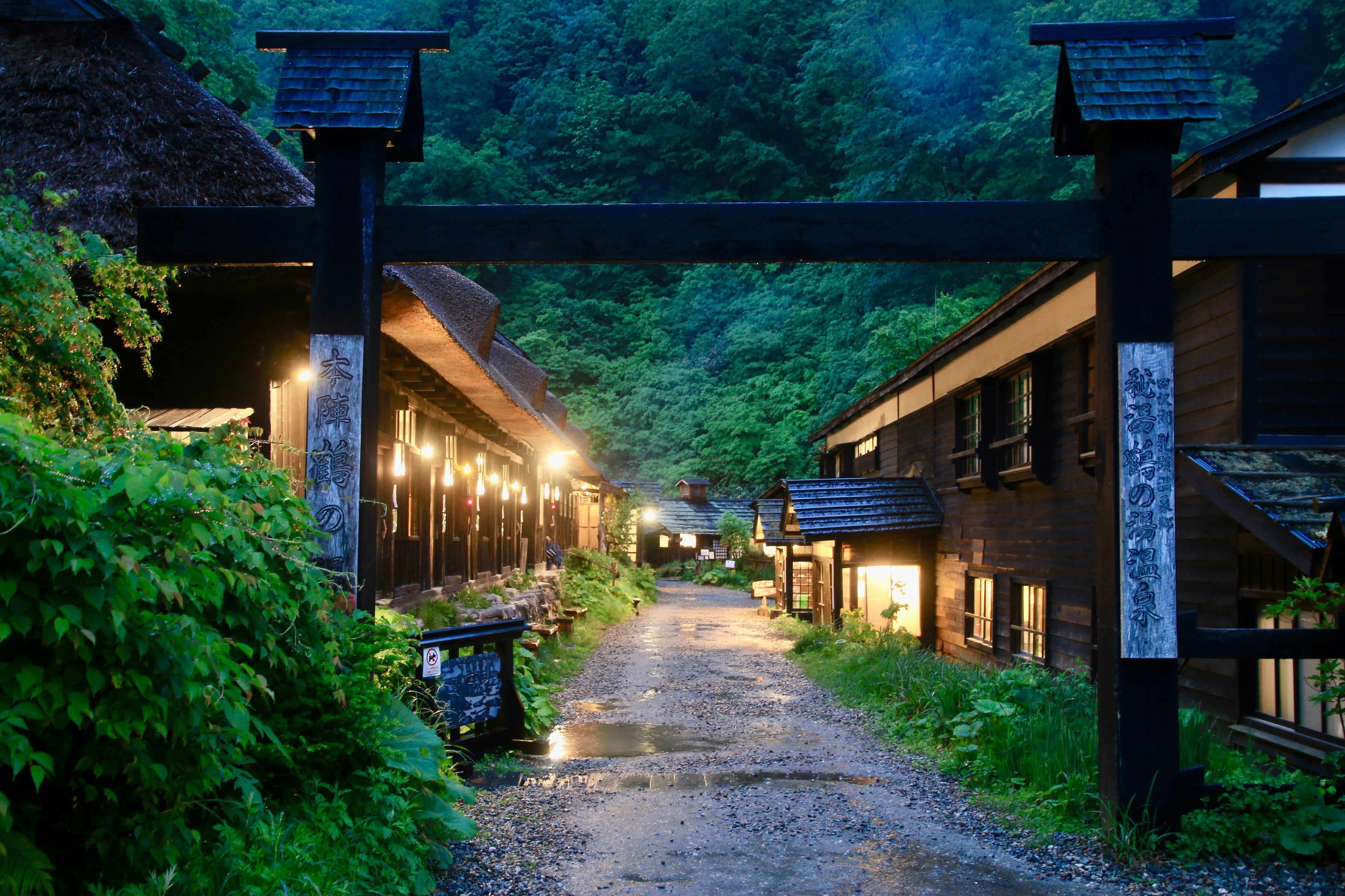A pathway leading through a traditional Japanese village at night, flanked by wooden houses with thatched roofs and illuminated by warm lights.