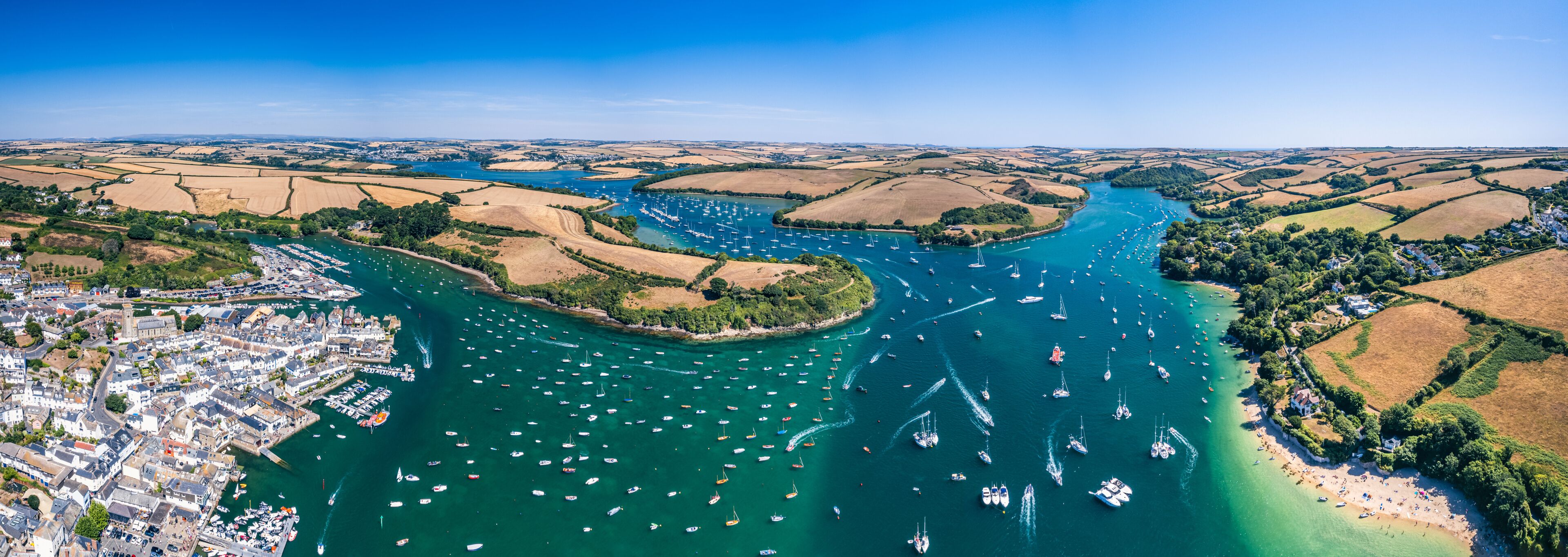 SALCOMBE and Kingsbridge Estuary from a drone, South Hams, Devon, England