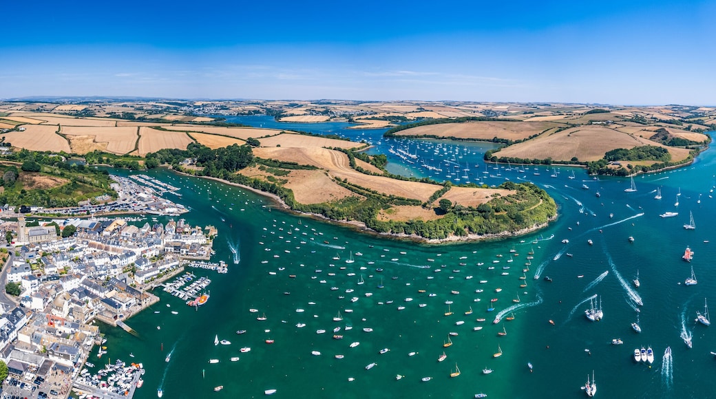 SALCOMBE and Kingsbridge Estuary from a drone, South Hams, Devon, England