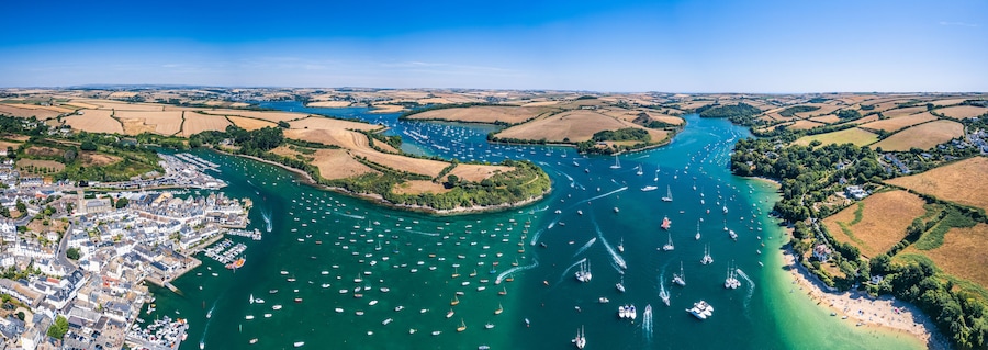 SALCOMBE and Kingsbridge Estuary from a drone, South Hams, Devon, England