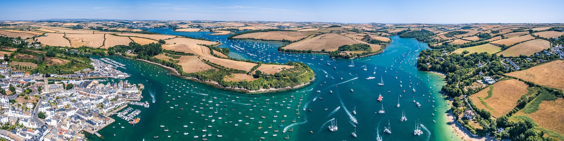 SALCOMBE and Kingsbridge Estuary from a drone, South Hams, Devon, England