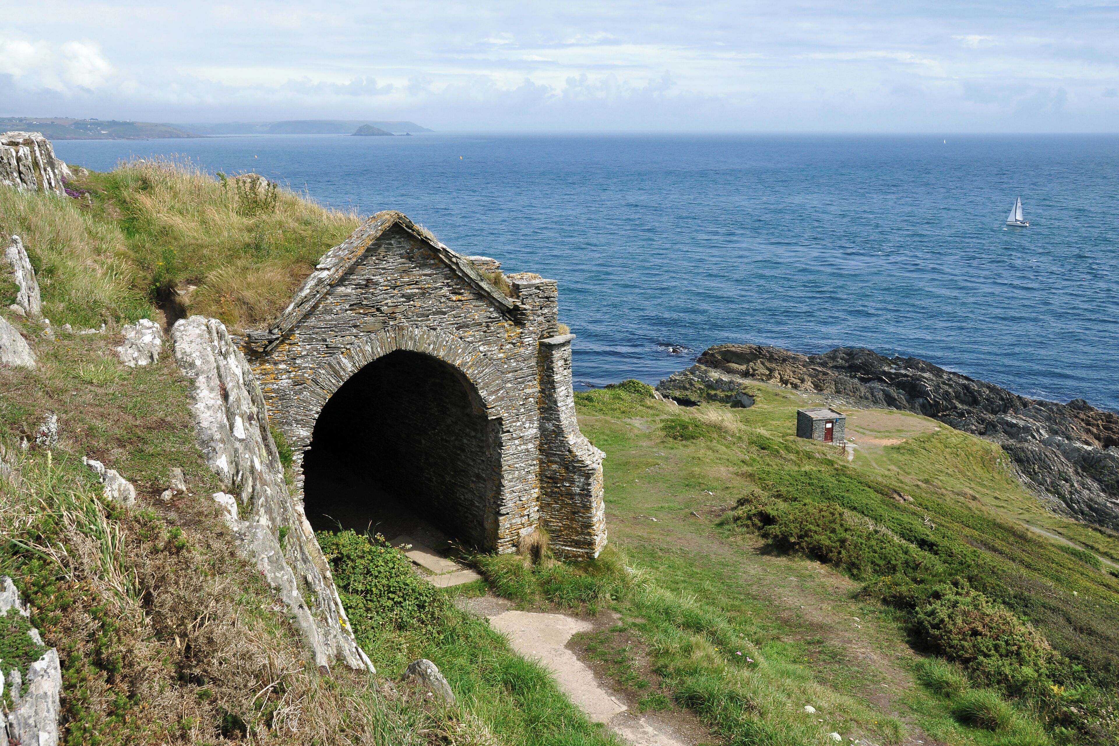 Queen Adelaide's Grotto on Penlee Point, at the western edge of Plymouth Sound. The grotto is one of the structures within Mount Edgecumbe Country Park