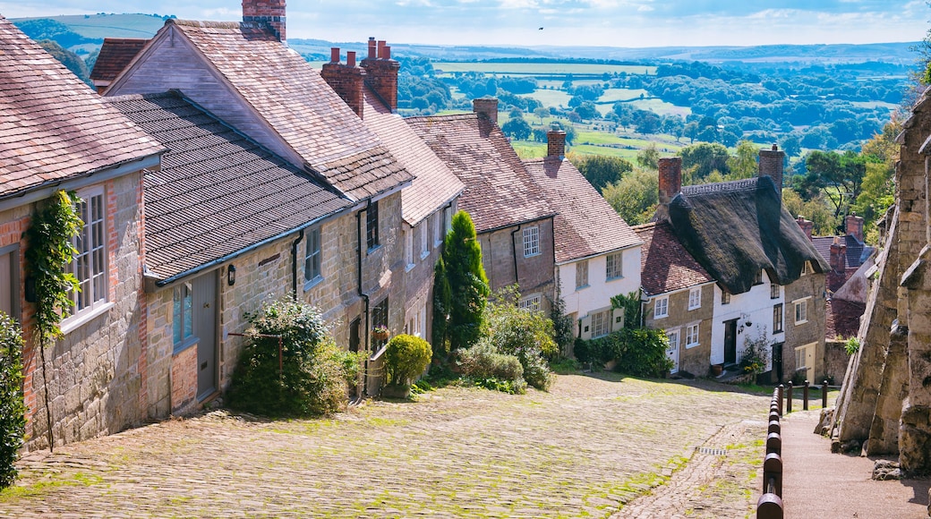 Scenic English countryside view from Gold Hill, in the traditional hillside village of Shaftesbury, England
