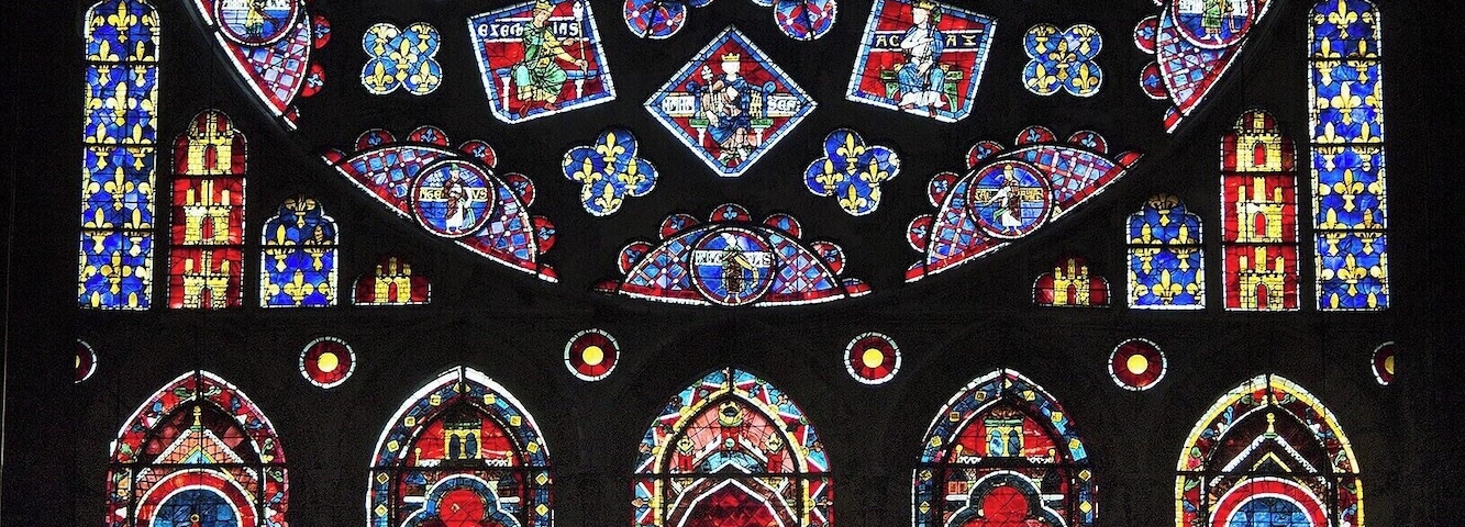 The stunning North Transept Rose window. Mary and Jesus at the center, surrounded by the Kings of Judea (in the diamonds) and the Prophets (along the edge of the circle). The vertical windows below feature King Melchizedek, King David, Saint Anne, King Solomon and the Prophet Aaron.