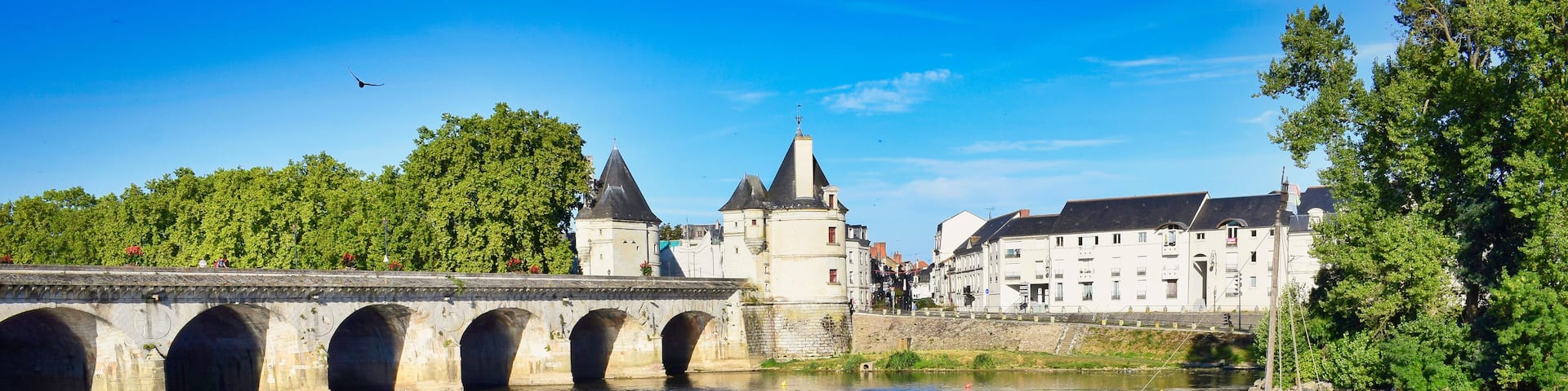 Panoramica ribera del rio Vienne y puente de Enrique IV en Chatellerault, Francia