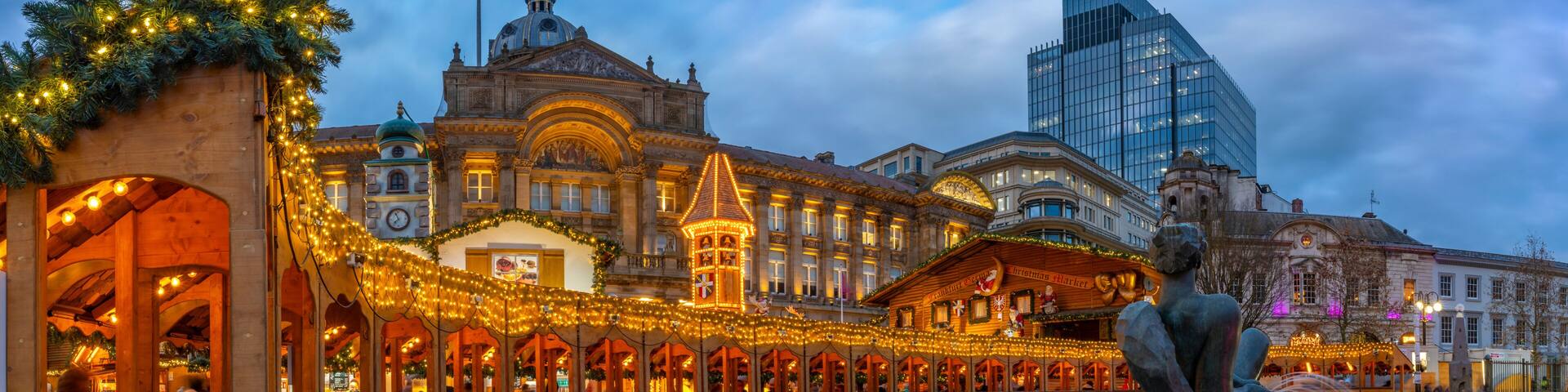 View of Christmas Market stalls in Victoria Square, Birmingham, West Midlands, England, United Kingdom