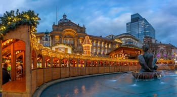 View of Christmas Market stalls in Victoria Square, Birmingham, West Midlands, England, United Kingdom