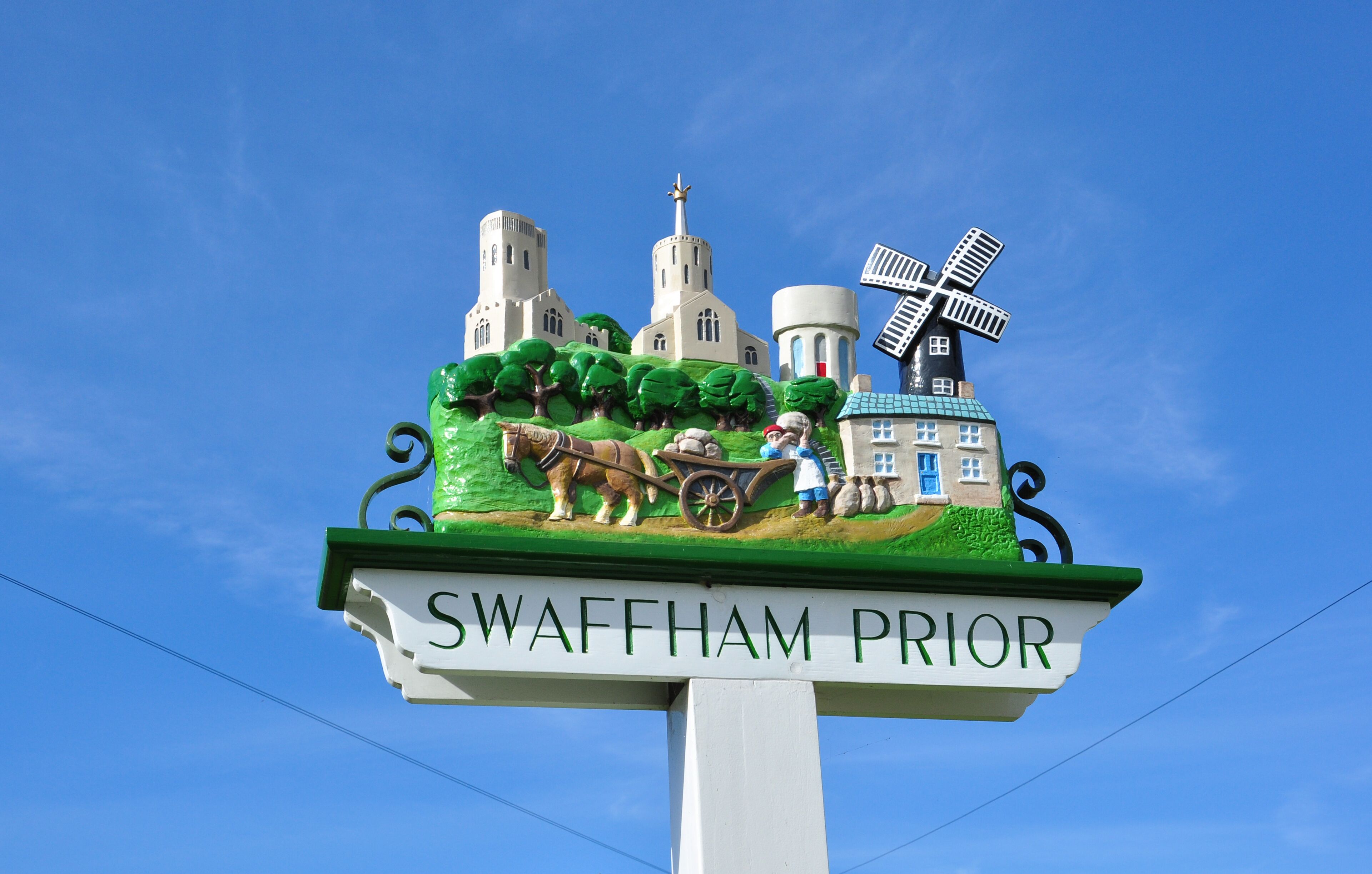 Attractive village sign in Swaffham Prior, Cambridgeshire, England, UK