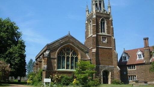 St Mary's old parish church, Woburn, Bedfordshire, seen from the east. The building is now Woburn Heritage Centre. On the right is part of the former Grammar School.