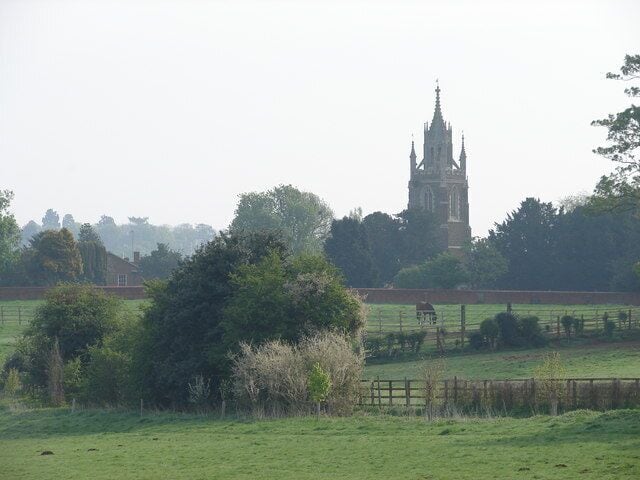 View northeast from Timber Lane, Woburn, Bedfordshire to the tower of St Mary's old church