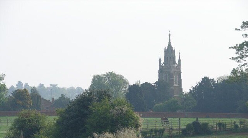 View northeast from Timber Lane, Woburn, Bedfordshire to the tower of St Mary's old church