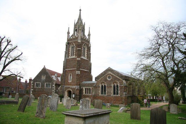 St Mary's old parish church (right) and Grammar School (left), Woburn, Bedfordshire, seen from the southwest