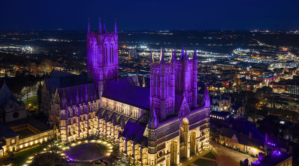 A Gothic cathedral with twin spires and a large central tower, surrounded by a cityscape at night.