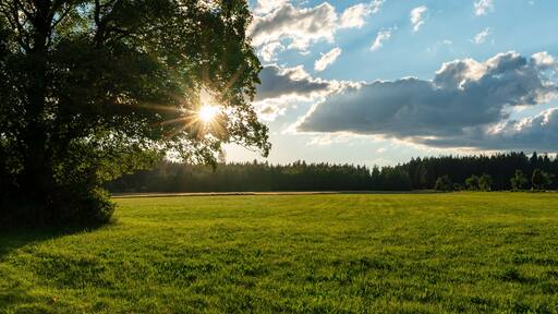 panorama view of evening sun in fields and forests of southern Germany