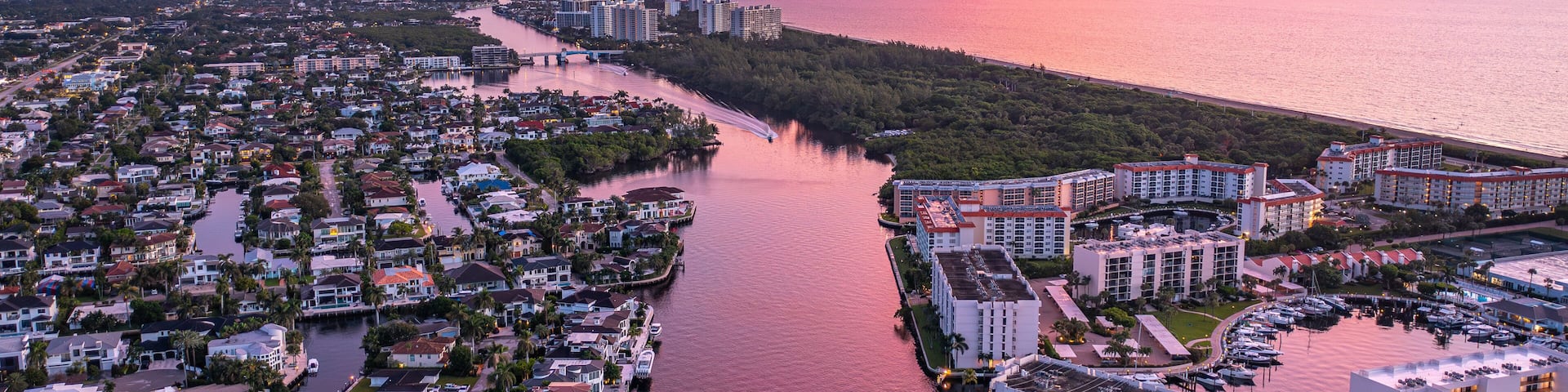 Boca Raton Florida Intracoastal Waterway Sunset Aerial View.
