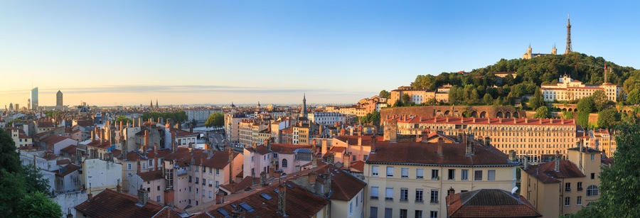 Summer sunrise over Vieux Lyon and Croix Rousse in the city of Lyon, France.