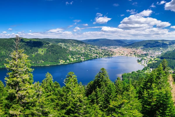 Un lac entouré de forêts denses, avec une ville en arrière-plan.