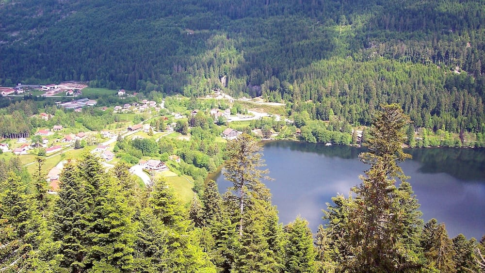 A lake surrounded by dense forest and a small village with houses and buildings.