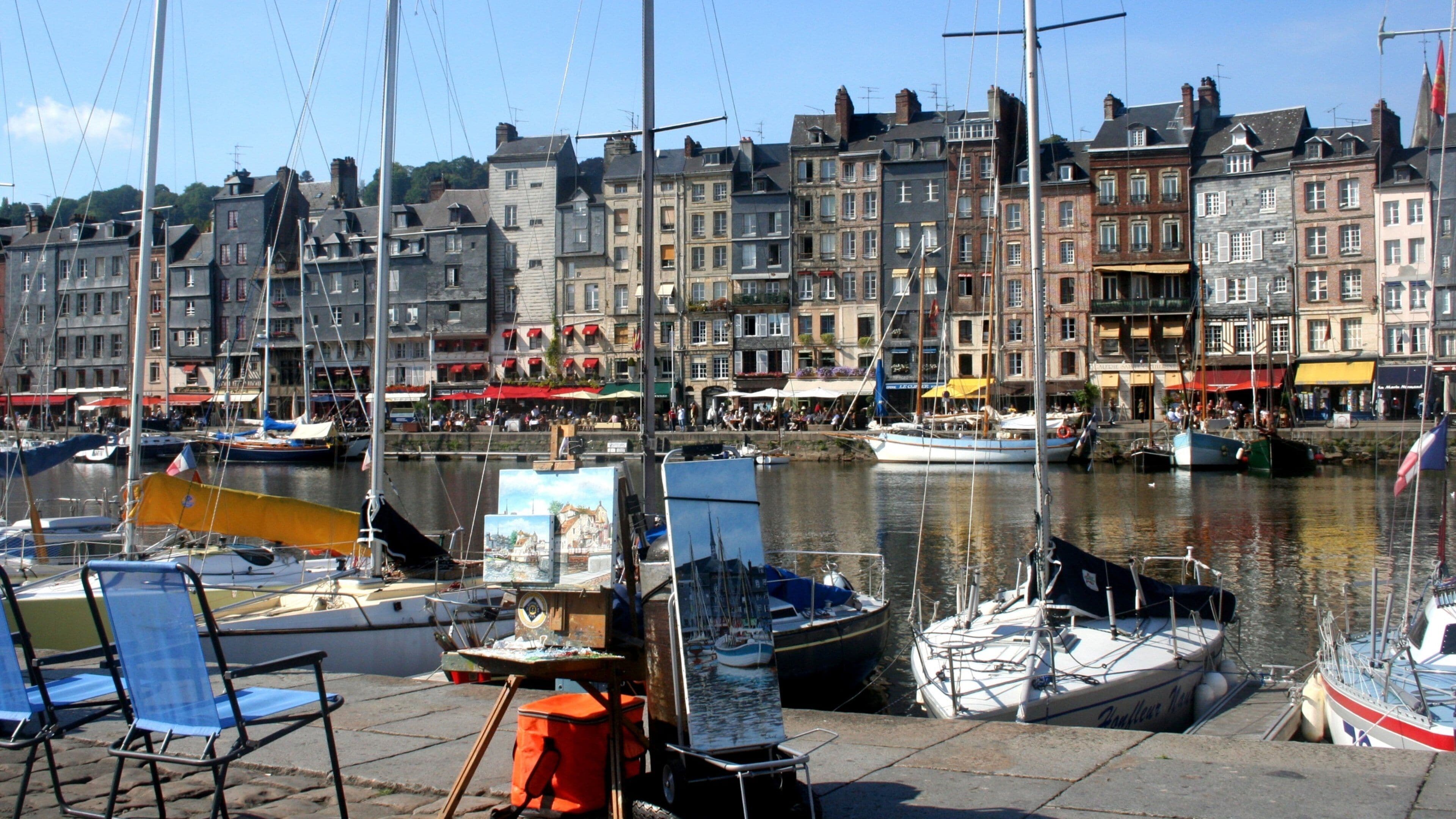 Honfleur showing a coastal town, a bay or harbor and a marina