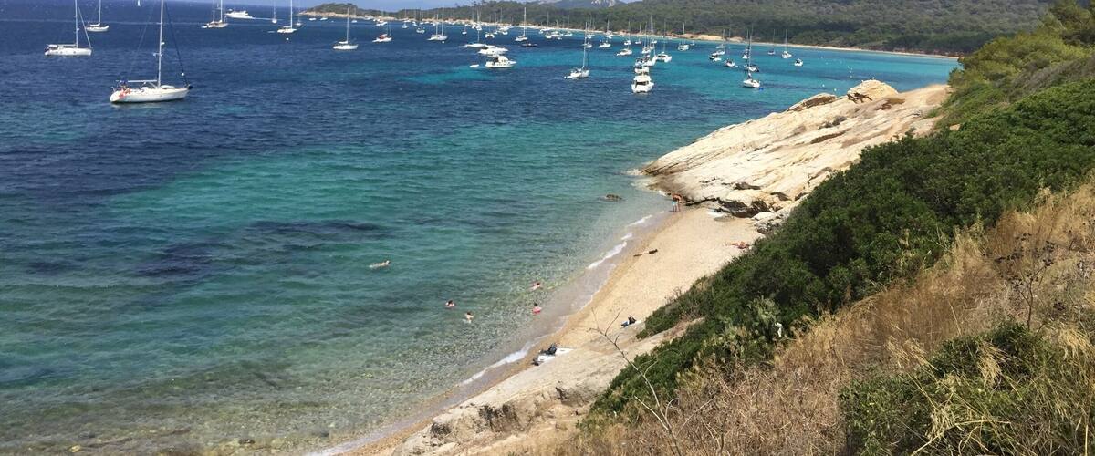 A coastal scene with a sandy beach, clear turquoise waters, and numerous sailboats anchored offshore.