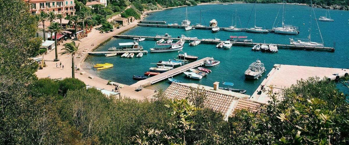 A coastal marina surrounded by lush green hills.
