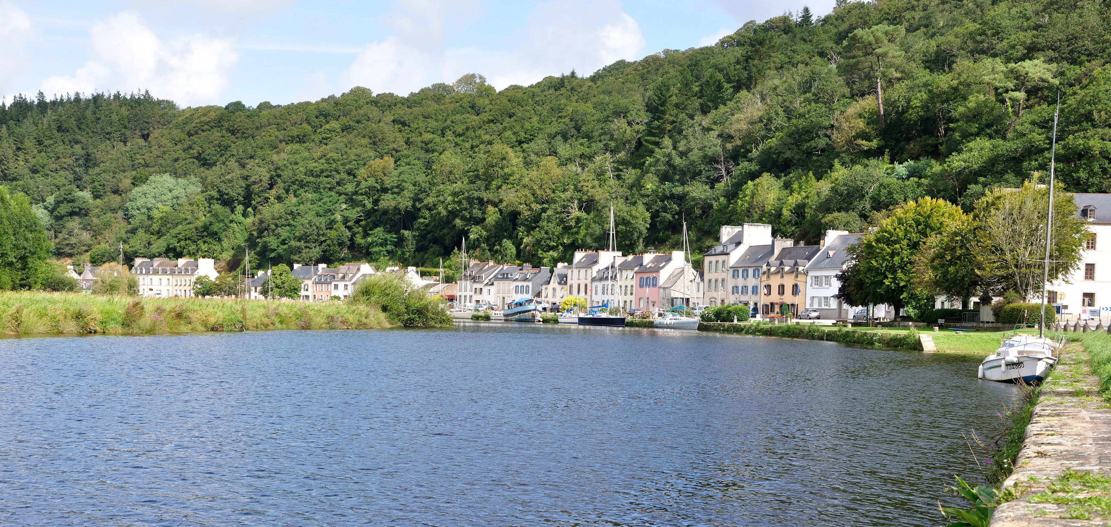 A river with houses along the banks, a boat docked on the right, and a forested hill in the background.