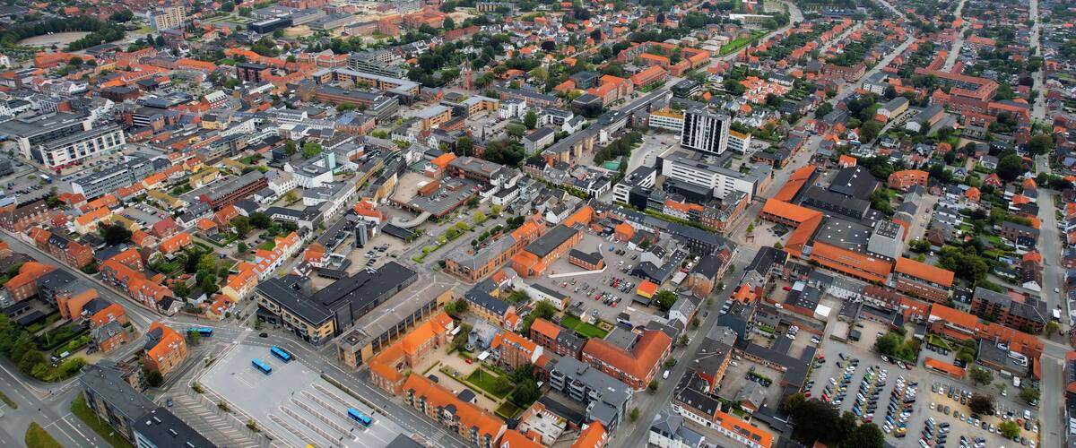 Aerial panorama of the downtown of the city Herning in Denmark on a sunny summer day.