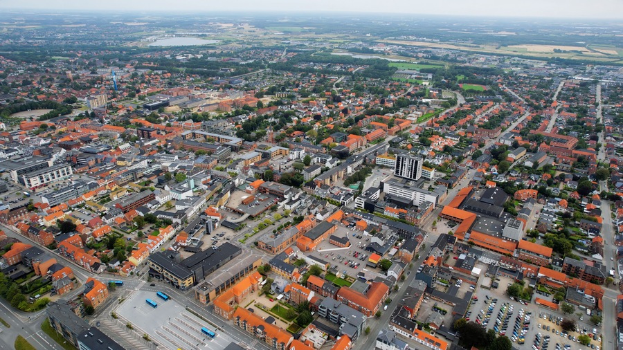 Aerial panorama of the downtown of the city Herning in Denmark on a sunny summer day.