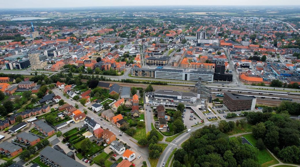 Aerial panorama of the downtown of the city Herning in Denmark on a sunny summer day.