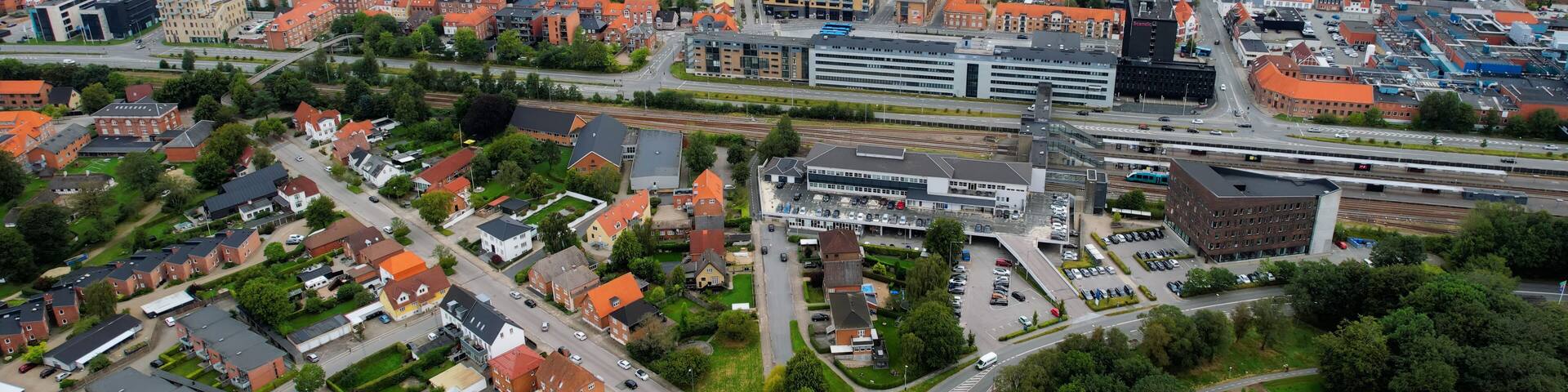Aerial panorama of the downtown of the city Herning in Denmark on a sunny summer day.