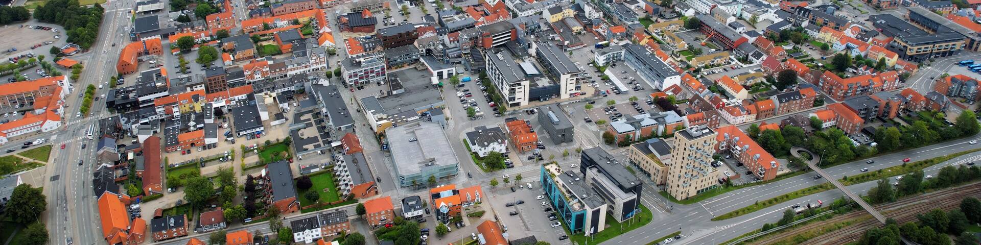 Aerial panorama of the downtown of the city Herning in Denmark on a sunny summer day.