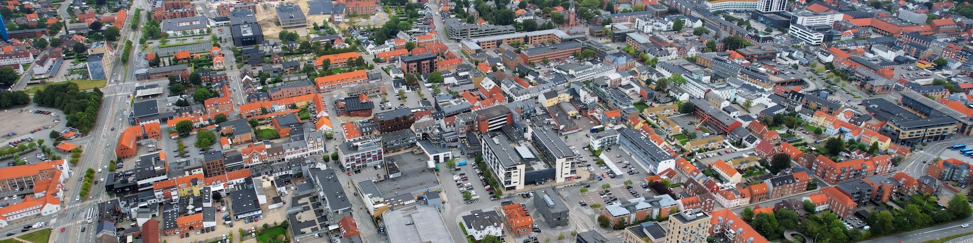 Aerial panorama of the downtown of the city Herning in Denmark on a sunny summer day.