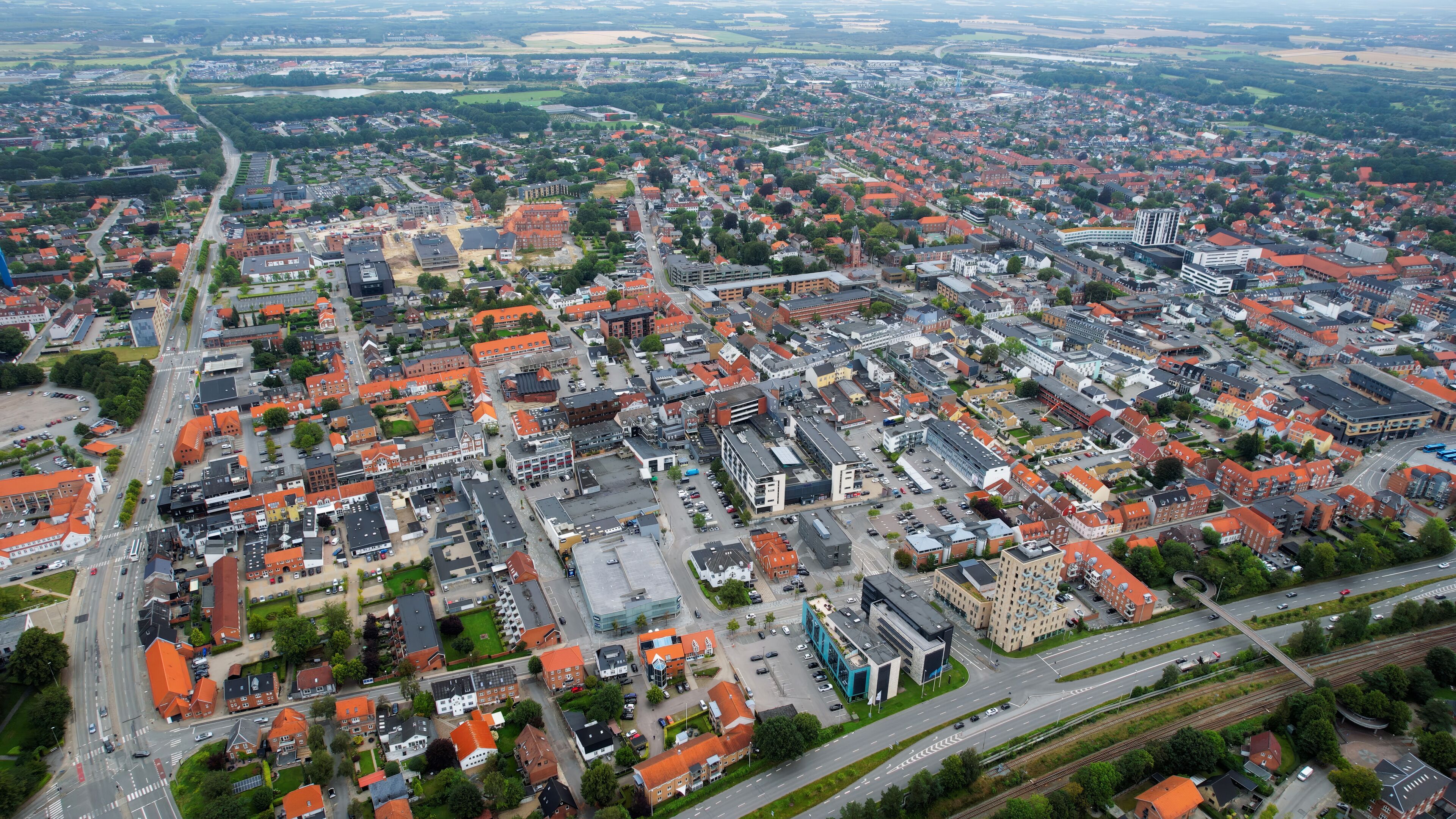 Aerial panorama of the downtown of the city Herning in Denmark on a sunny summer day.