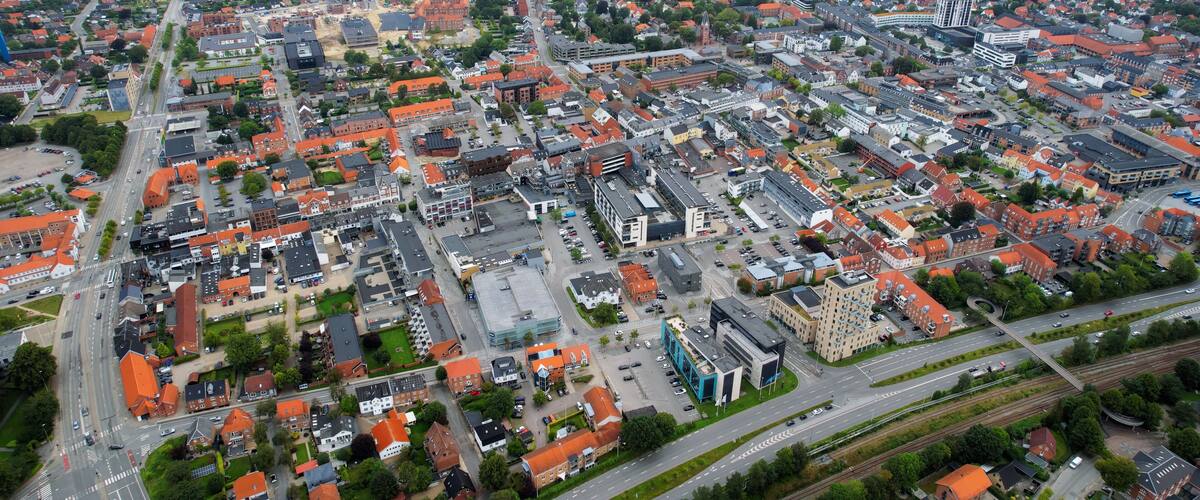 Aerial panorama of the downtown of the city Herning in Denmark on a sunny summer day.