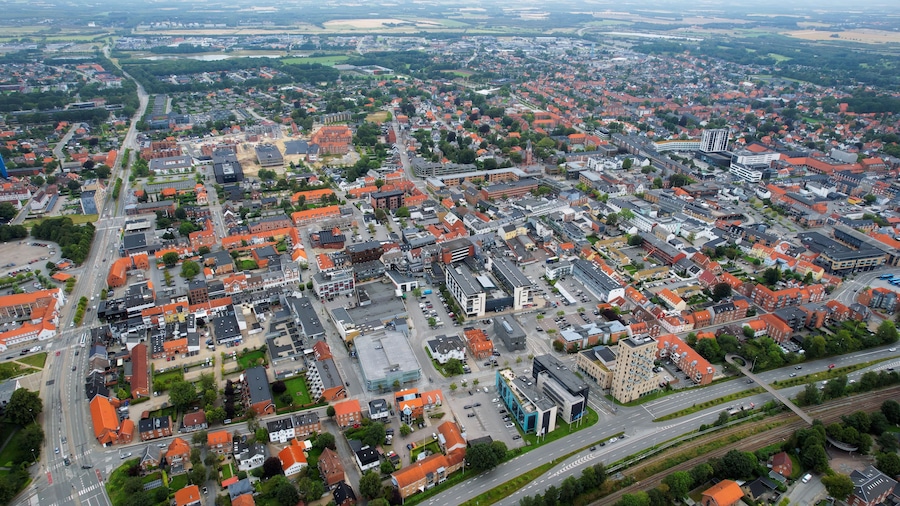 Aerial panorama of the downtown of the city Herning in Denmark on a sunny summer day.