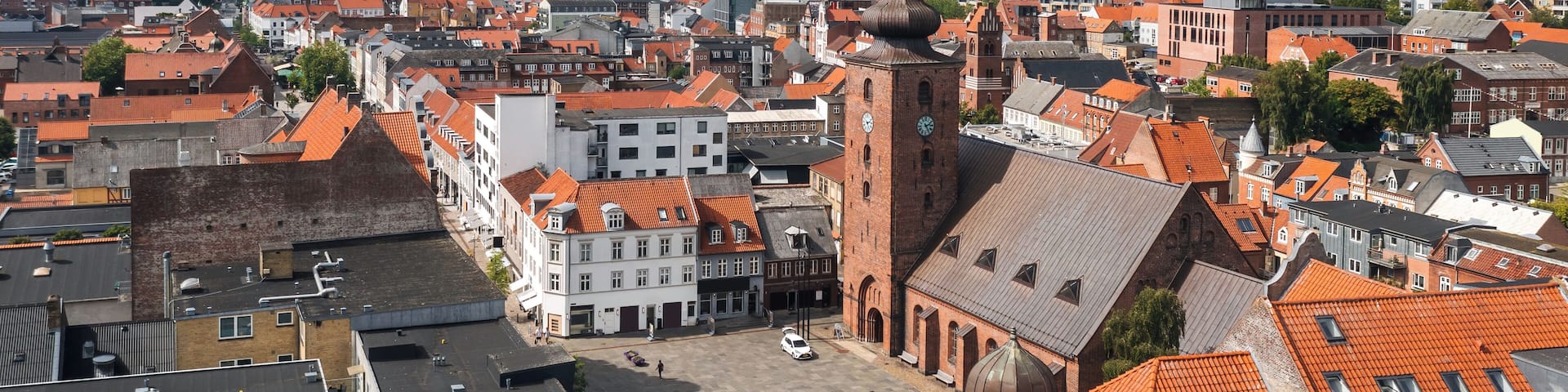 A cityscape with red-tiled roofs, a prominent church tower, and a clear blue sky.