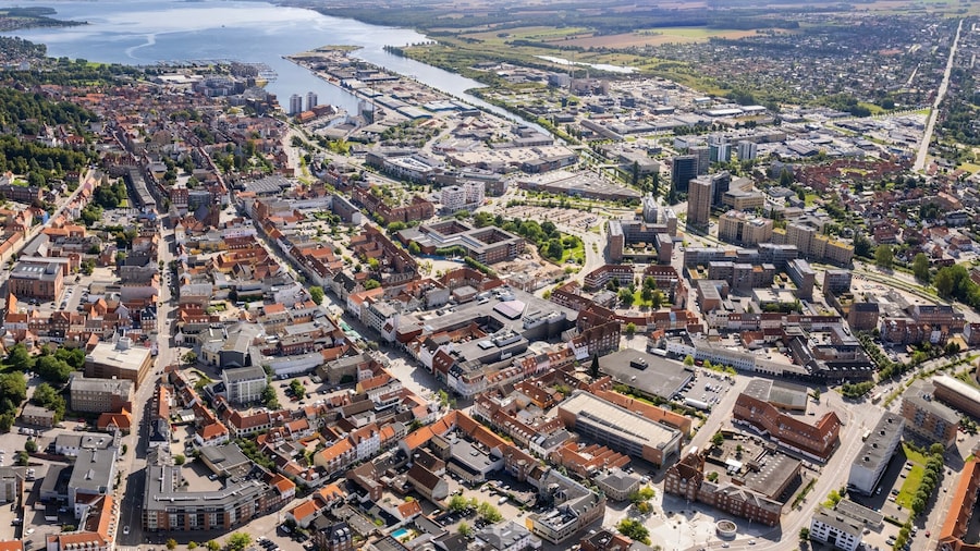 A panorama Aerial view around the old town in the city of Horsens in Denmark on a sunny summer noon