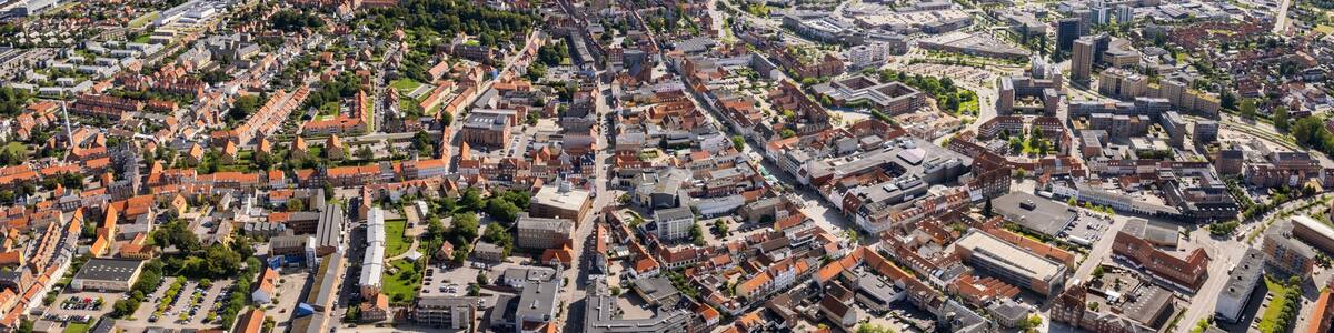 Arial view of the old town of the harbour city Horsens in Denmark on a sunny spring day