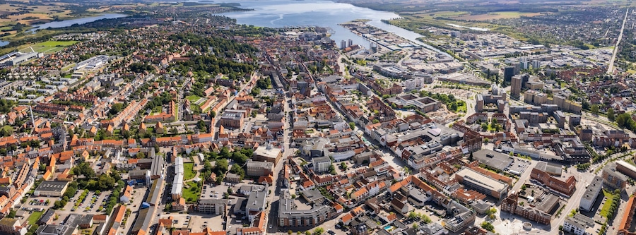 Arial view of the old town of the harbour city Horsens in Denmark on a sunny spring day