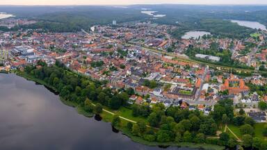 Aerial panorama of the downtown of the city Silkeborg in Denmark on a sunny summer day.