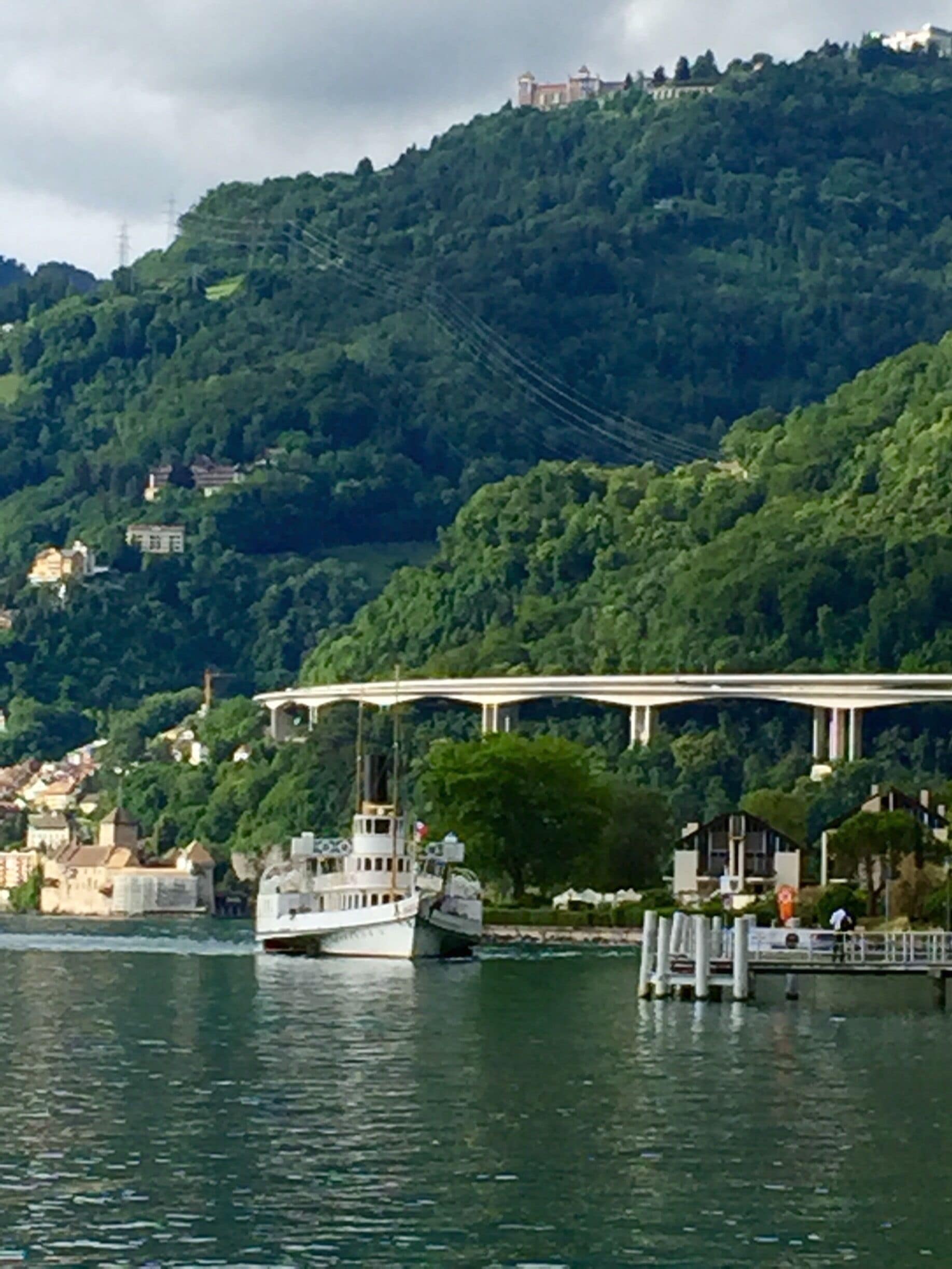A river with a boat docked at a pier, a bridge, and buildings on a hillside.