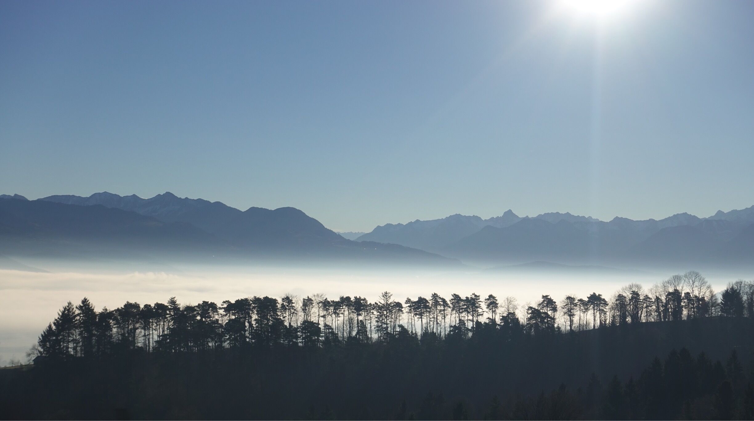 View from Stoß pass into the Rhinevalley of Switzerland with the Austrian alps in the background ! Morning fog raising up !