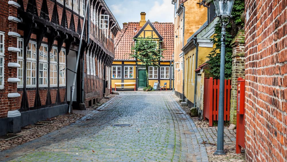Street with old houses from royal town Ribe in Denmark