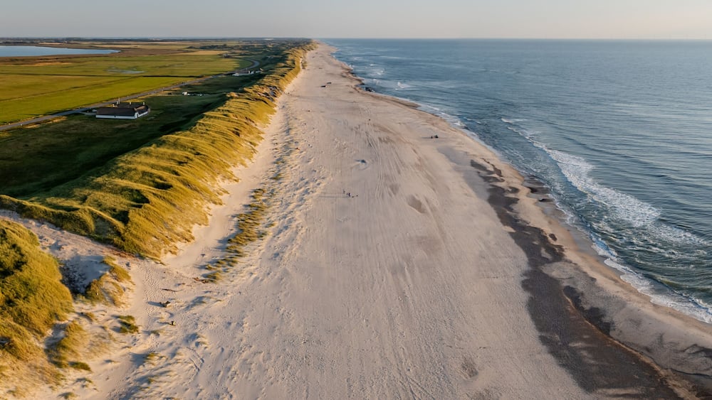 Un paysage cĂŽtier avec une plage de sable, des dunes herbeuses et une Ă©tendue dâeau.